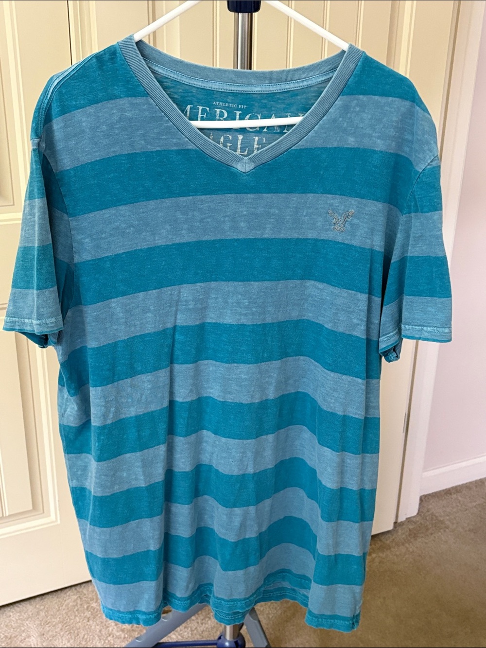 Mens American Eagle Outfitters Blue Striped V-Neck Tee